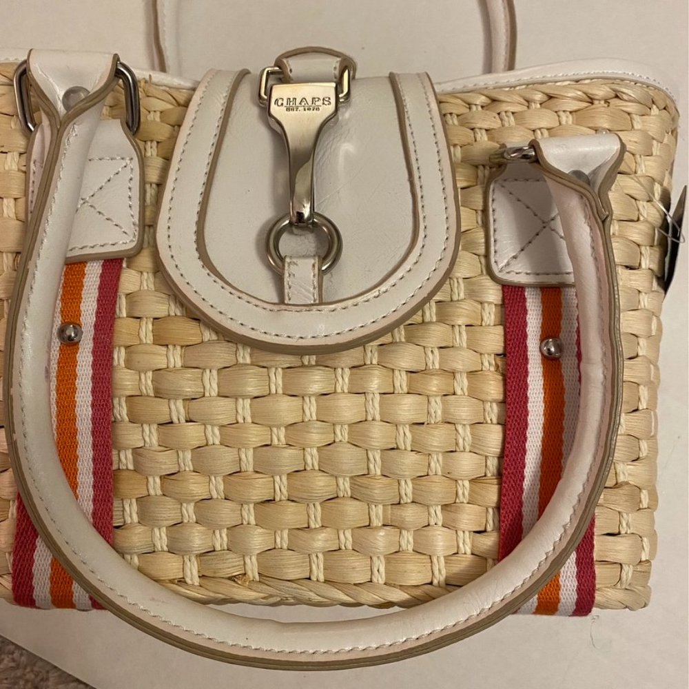 NWT Vtg Chaps Straw Bag with pink, orange, and white trim - Picture 2 of 7